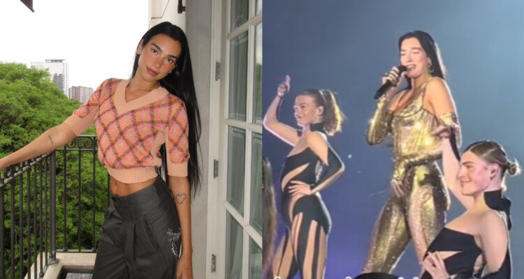 La cantante Dua Lipa posa para la cámara. A su lado, se encuentra momentos después de vivir su chascarro en Chile.