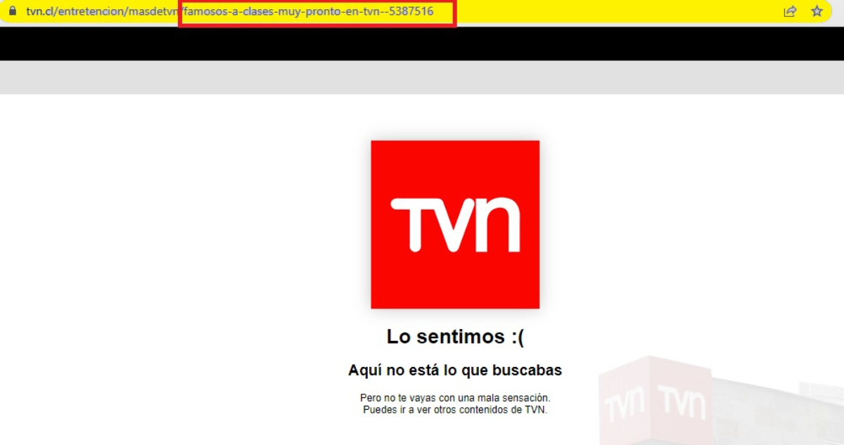 Sitio web de TVN con la dirección de Famosos a Clases.