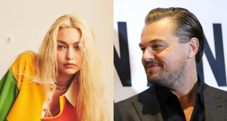 Gigi Hadid posando para la cámara. A su lado, el actor Leo DiCaprio mira sonriente a un costado.