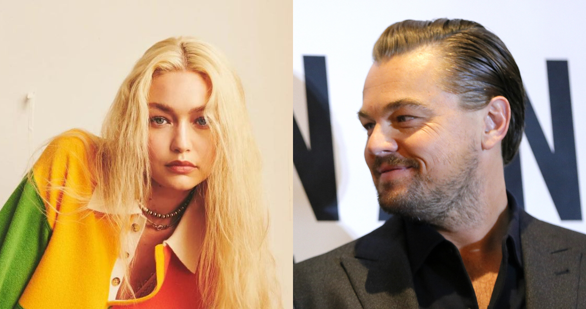 Gigi Hadid posando para la cámara. A su lado, el actor Leo DiCaprio mira sonriente a un costado.