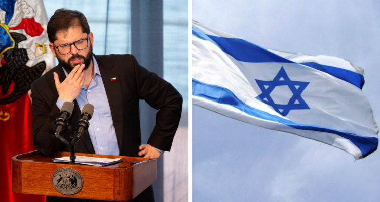 Presidente Gabriel Boric (a la izquierda) y bandera de Israel (a la derecha).