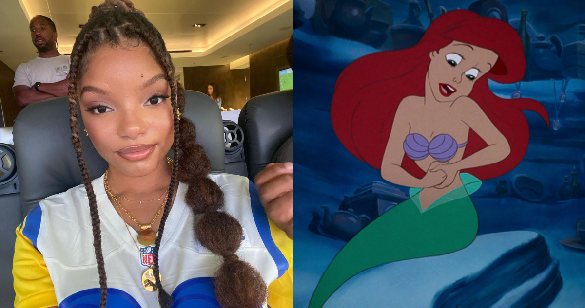 Halle Bailey posando para su foto. A su lado, la versión animada de Ariel en La Sirenita.