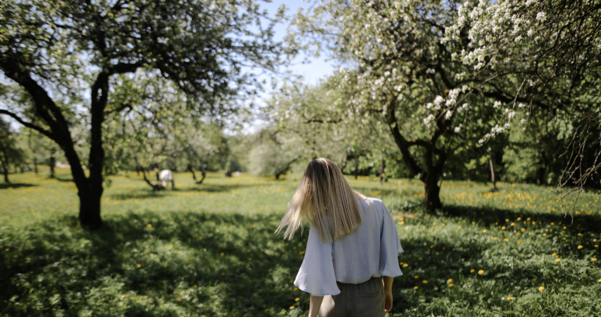 Una mujer camina por un bosque verde lleno de vegetación. En estas fechas a muchos les surge la pregunda: ¿Cuándo inicia la primavera?