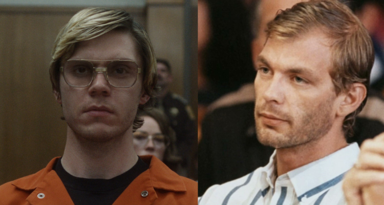 Evan Peters como Jeffrey Dahmer en la nueva serie de Netflix (Izquierda) y una fotografía del verdadero Jeffrey Dahmer durante el juicio por los más de 15 asesinatos que cometió (Derecha)