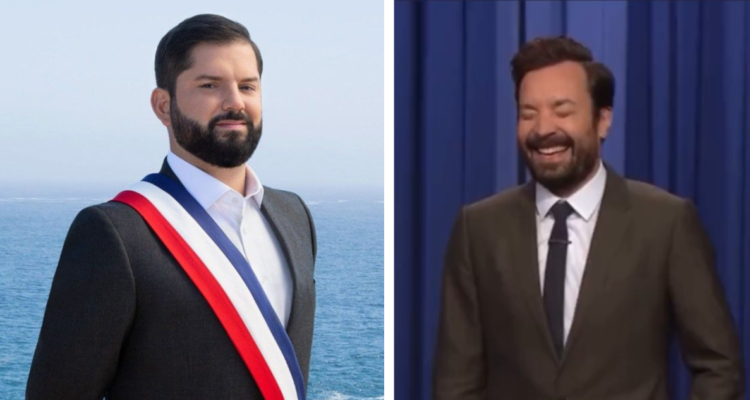 Fotografía Presidencial Gabriel Boric (der) y comediante Jimmy Fallon (Izq)