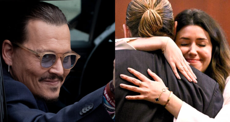 El actor Johnny Depp salud feliz desde un auto. El actor fue relacionado con una abogada que lo defendió en Reino Unido.