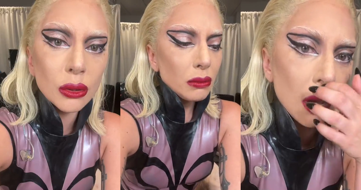 Lady Gaga llorando mientras pide perdón a sus fans por cancelar concierto.