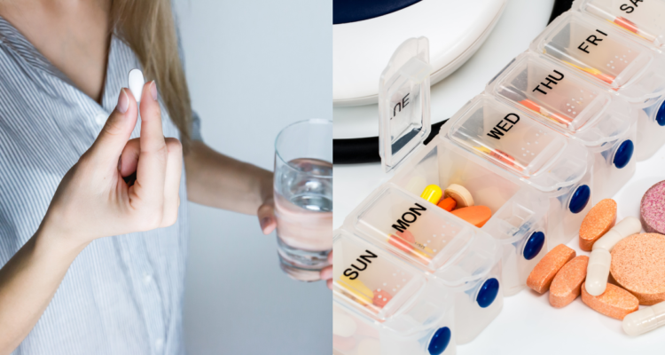 Mujer tomando un medicamento con un vaso de agua (Der) y organizador de medicamentos (Izq)