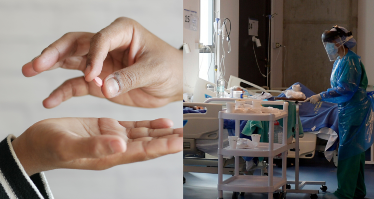 Persona entregando medicamento a otra (Izquierda) y fotografía de un hospital en plena pandemia por Covid (Derecha)