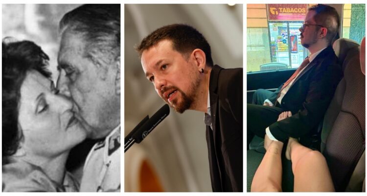 Una fotografía del dictador Augusto Pinochet besando la mejilla de Lucía Hiriart, otra de Pablo Iglesias, y la polémica imagen del embajador junto a los pies de su pareja.