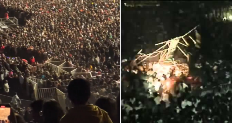 Fotografía de hordas de personas vulnerando vallas de seguridad en concierto de Daddy Yankee en 2022 (Izquierda) y fotografía del colapso de una torre de sonido en el concierto de Deep Purple en 1997