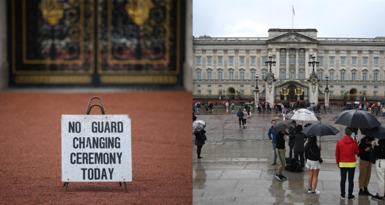 Cartel cambio de guardia y multitudes en la entrada del Palacio de Buckingham por estado de salud de la Reina Isabel II