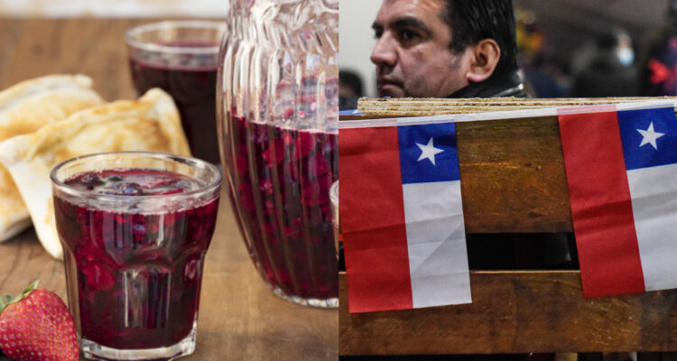 Fotografía del trago borgoña. A su lado, adornos de fiestas patrias.