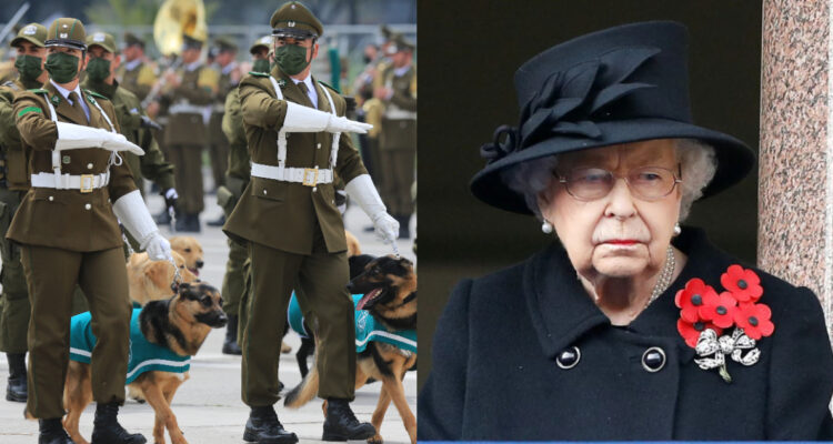 Carabineros marchando en la parada militar y la fallecida reina Isabel II en un funeral.