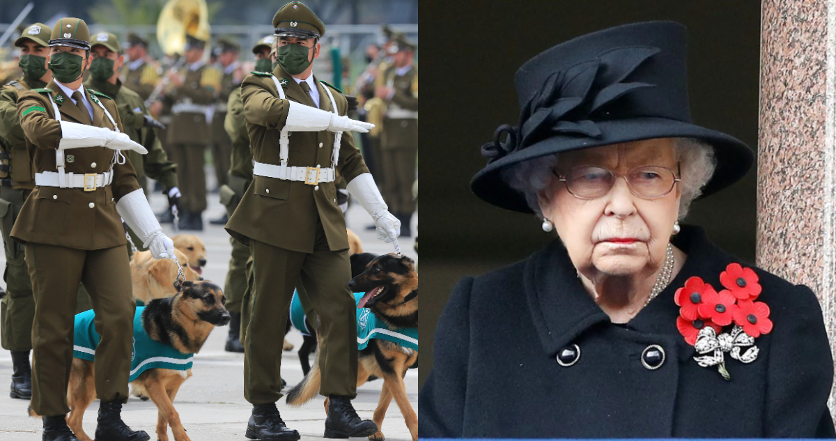 Carabineros marchando en la parada militar y la fallecida reina Isabel II en un funeral.