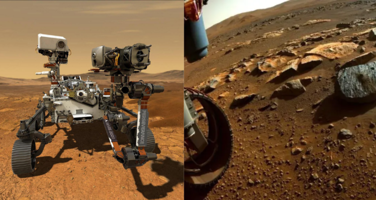 Ilustración del Rover Perseverance y una fotografía a la superficie de Marte capturada por el dispositivo