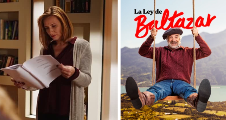 La actriz Sigrid Alegria leyendo un guión y un poster de la teleserie La Ley de Baltazar