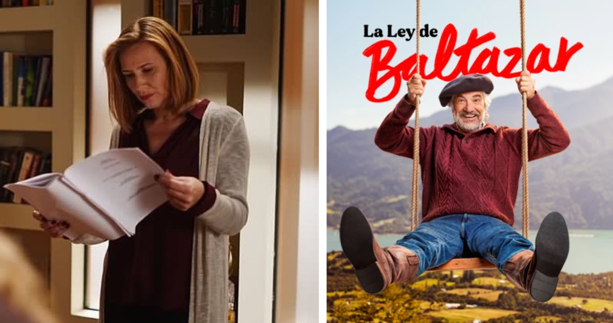 La actriz Sigrid Alegria leyendo un guión y un poster de la teleserie La Ley de Baltazar