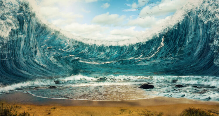 Ilustración artística de un terremoto y tsunami gigantescos en el norte de Chile