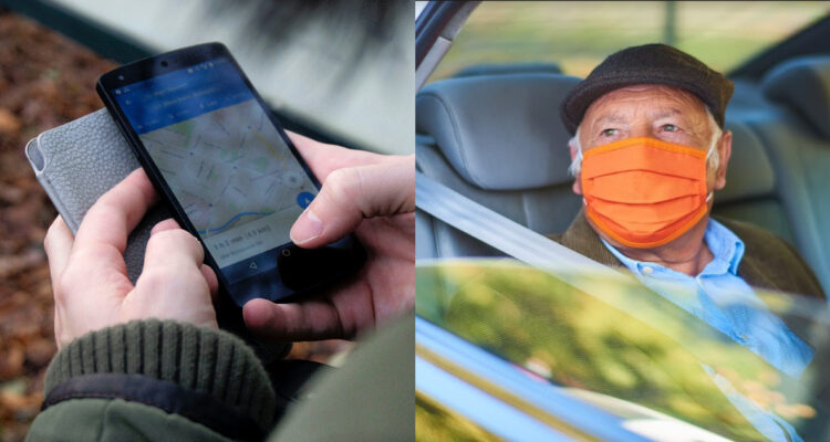 Una persona sostiene un celular en donde se observa un mapa con recorrido. A su lado, un anciano viaja en un automovil. Este domingo se ofrecen diferentes descuentos para ir a votar
