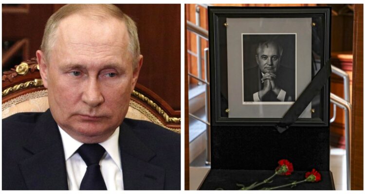 Una foto de Vladimir Putin y otra del féretro de Mijail Gorbachov.