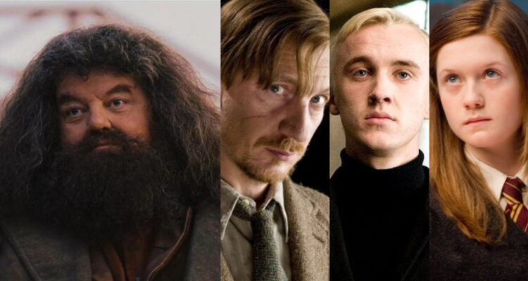 Robbie Coltrane interpretando a Hagrid. A su lado, fotos de Tom Felton, Bonnie Wright y David Thewlis bajo sus personajes de la saga.