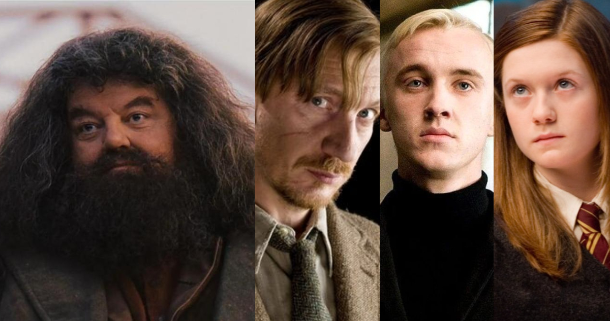 Robbie Coltrane interpretando a Hagrid. A su lado, fotos de Tom Felton, Bonnie Wright y David Thewlis bajo sus personajes de la saga.
