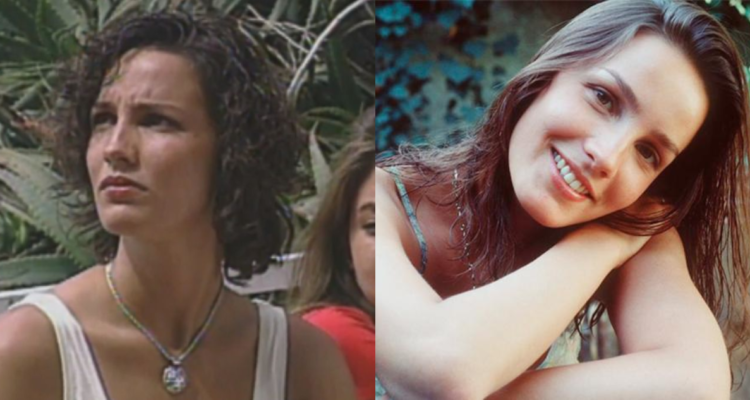 Angela Contreras en su personaje “la mujer del mar” en Sucupira (Izquierda) y la actriz en una imagen compartida en Twitter (derecha)