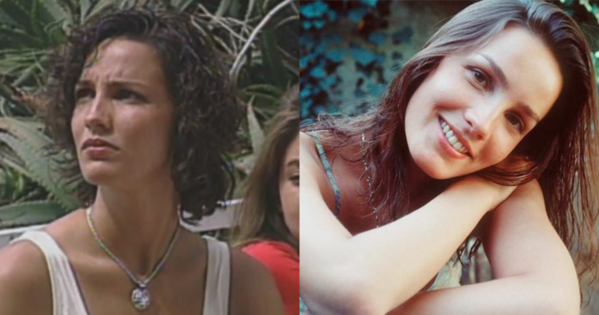 Angela Contreras en su personaje “la mujer del mar” en Sucupira (Izquierda) y la actriz en una imagen compartida en Twitter (derecha)