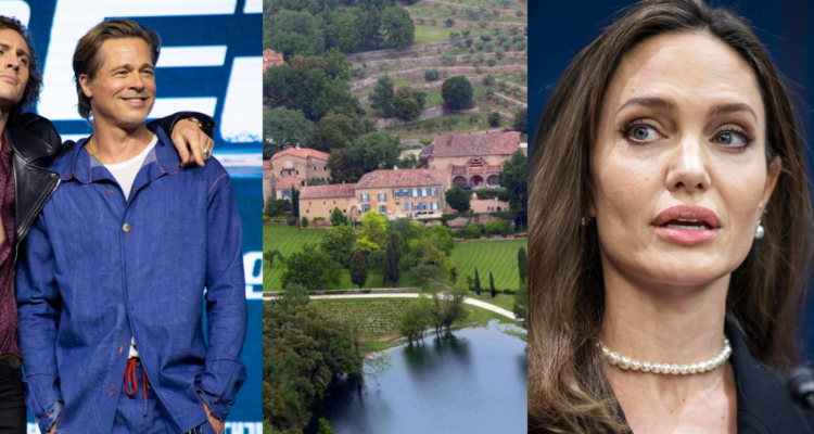 Brad Pitt en la alfombra roja de Bullet Train (Izquierda), el chateau de Miraval en Francia (al centro) y Angelina Jolie durante una conferencia (Derecha)