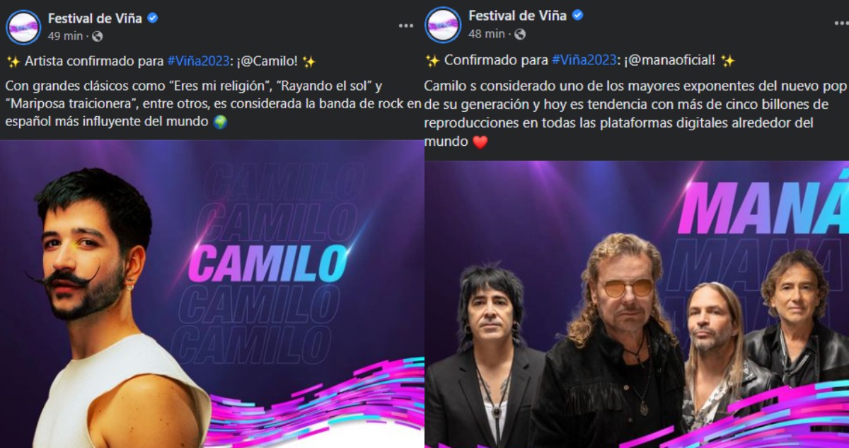 Los anuncios publicados en Facebook de Camilo y Maná para el Festival de Viña del Mar.
