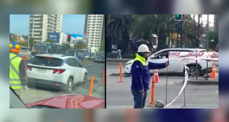 Conductor ingresó a zona de arreglos y su vehículo quedó enterrado en cemento fresco en Concepción