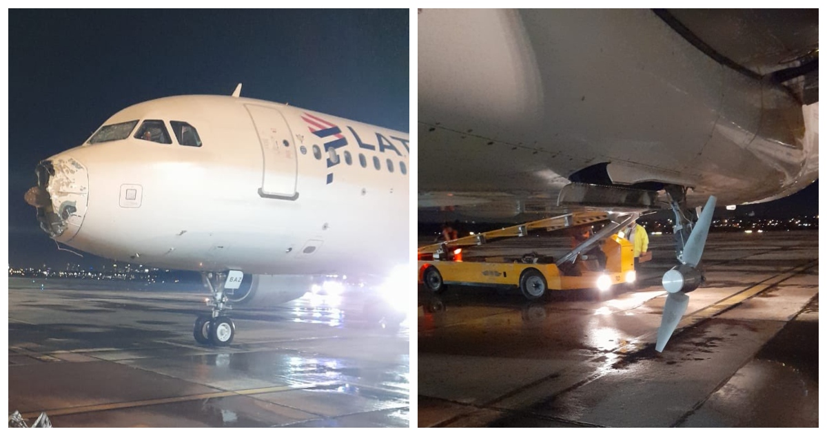 Fotografías de la nariz y parabrisas del avión destruidos, y de otros daños.