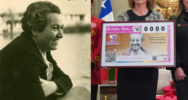 Gabriela Mistral y boleto de lotería lanzado en México para celebrar su centenarios