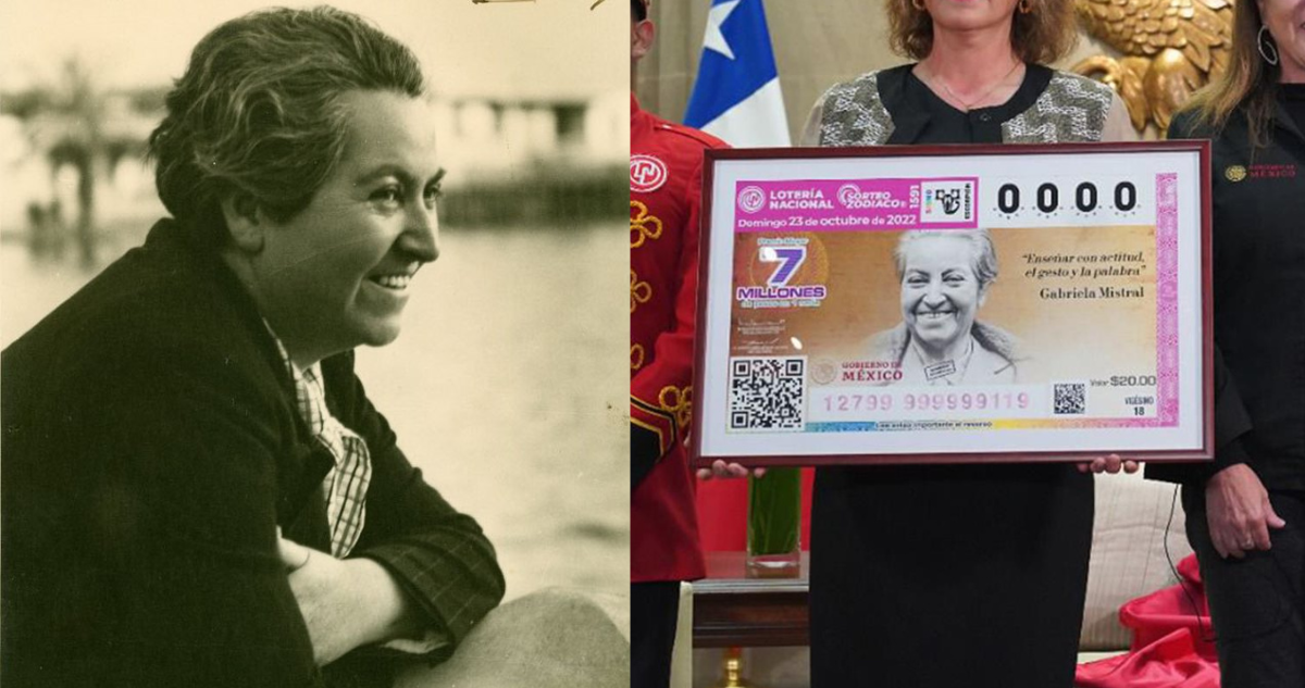 Gabriela Mistral y boleto de lotería lanzado en México para celebrar su centenarios