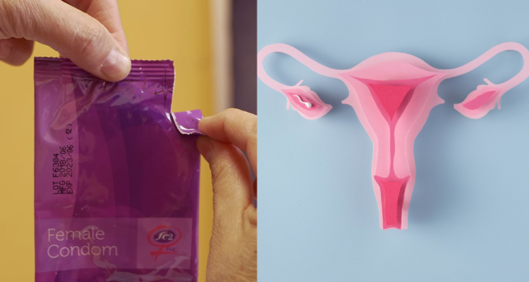 Envase de un condón femenino siendo abierto (Izquierda) e ilustración de un útero (Derecha)