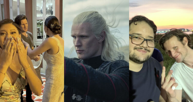 El actor Matt Smith como Daemon Targaryen en House of the Dragon. A su lado, foto con los fans.