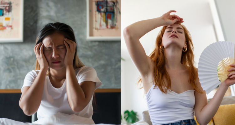 Mujer con dolor de cabeza y otra con bochornos, síntomas caracteristicos de la menopausia
