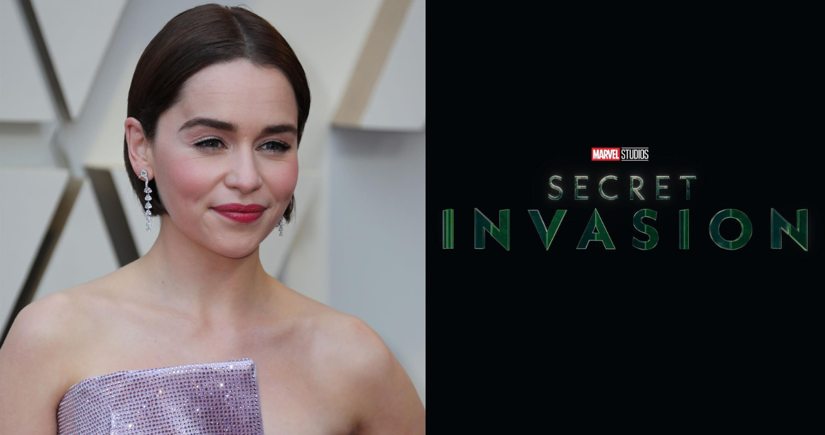 Emilia Clarke en una alfombra roja (izquierda) y el logo de la miniserie de Marvel, Secret Invasion (Derecha)