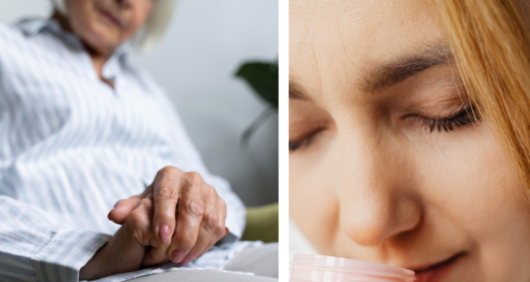 Persona con parkinson tomando su mano afectada (Izquierda) y Mujer inspirando el olor de una crema (Derecha)