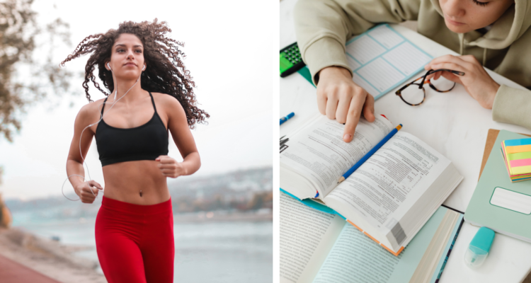 Mujer haciendo deporte y otra persona estudiando. Esfuerzo físico