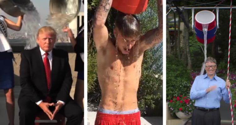 Donald Trump, Justin Bieber y Bill Gates realizando el Ice Bucket Challenge, campaña para reunir fondos para investigar el ELA