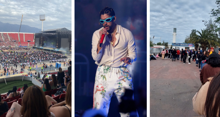 Fotografías de acceso al concierto de Bad Bunny en Chile y una imagen del cantante en un show en Puerto Rico