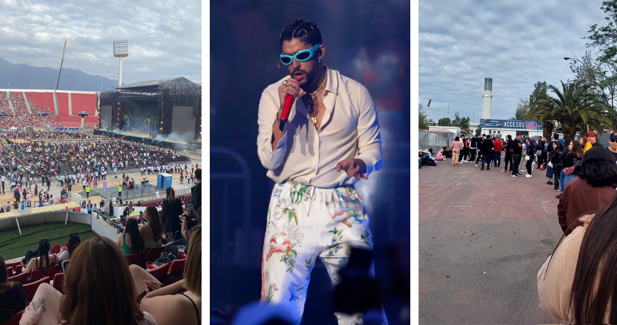 Fotografías de acceso al concierto de Bad Bunny en Chile y una imagen del cantante en un show en Puerto Rico