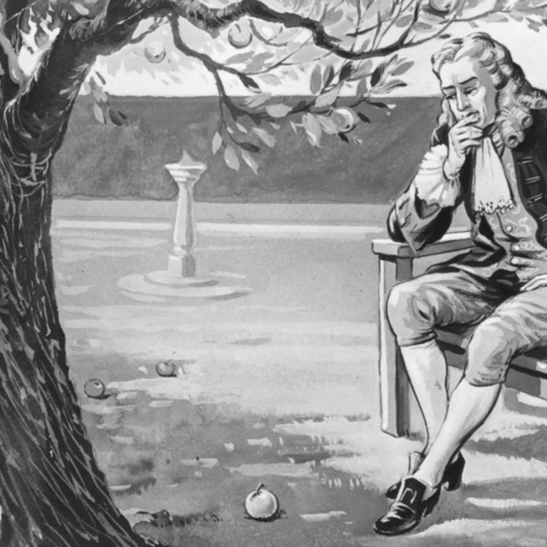 Isaac Newton descansando bajo de un árbol, lo que lo llevó a descubrir la teoría de la gravedad