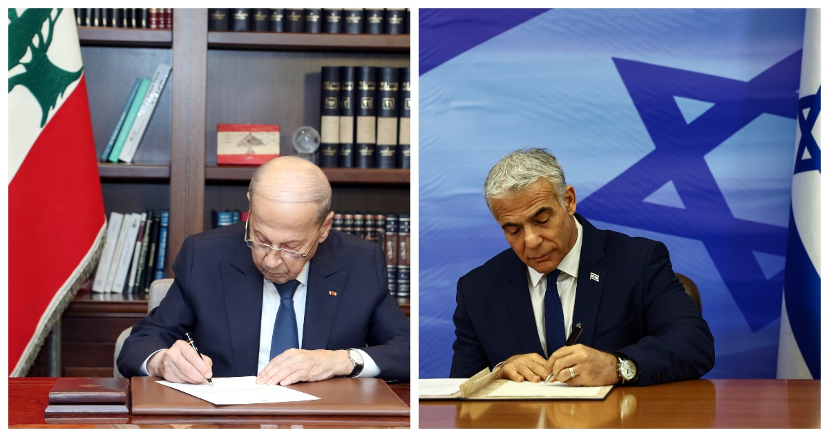Fotografías de ambos mandatarios, firmando el acuerdo.
