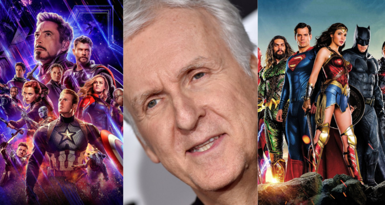 Poster de Avengers Infinity War (izquierda), director de cine James Cameron (centro) y poster de La liga de la justicia (derecha)