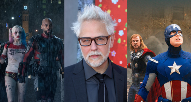 Imagen de Suicide Squad de DC Studios (Izquierda), James Gunn (centro) e imagen de Avengers de Marvel (derecha)
