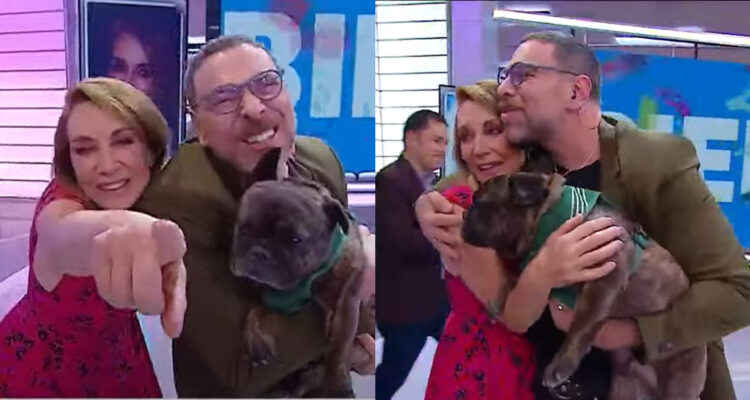 La periodista Karen Doggenweiler con José Antonio Neme en su llegada al set de Mucho Gusto.