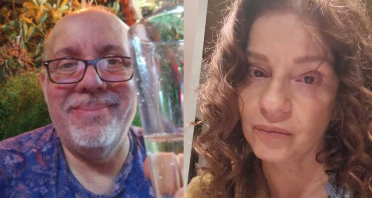 La actriz Magdalena Max-Neef posando seria y sin maquillaje para la cámara. A su lado, Gabriel Prieto posa con una copa sonriente.